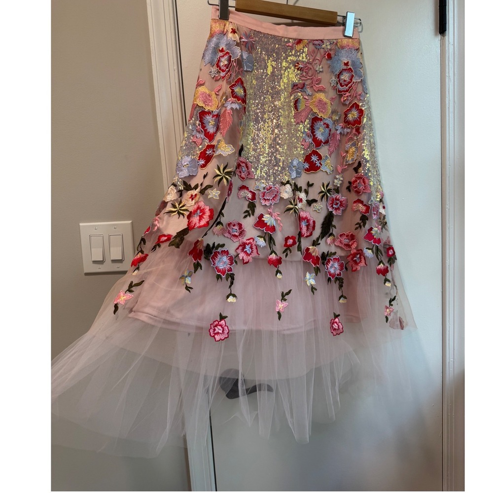 Eva Franco Pink Floral Embroidered Tulle Sequin Midi Skirt Womens Size 2 USA - Picture 5 of 8